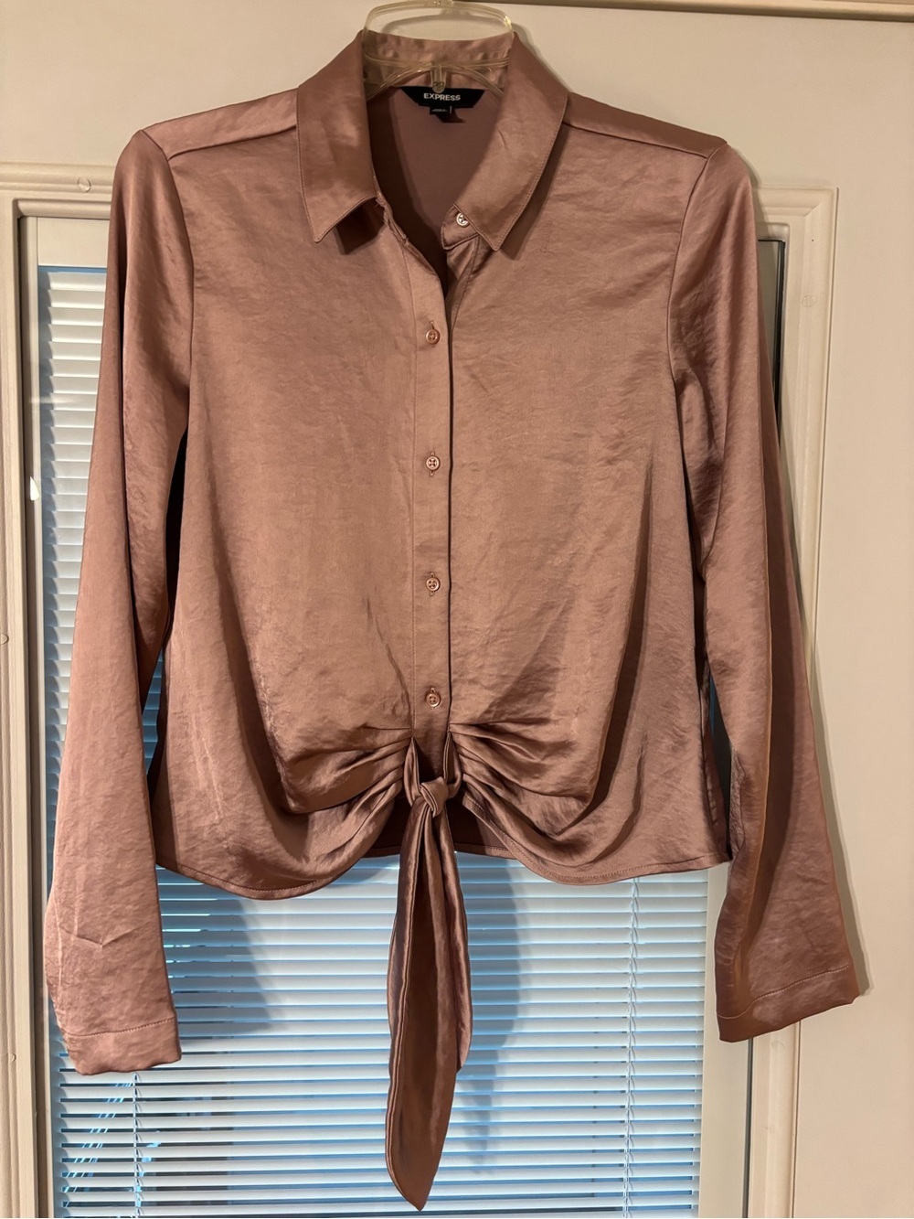 Express Satin Button-Down Tie-Front Shirt in Dusty Mauve monochrome